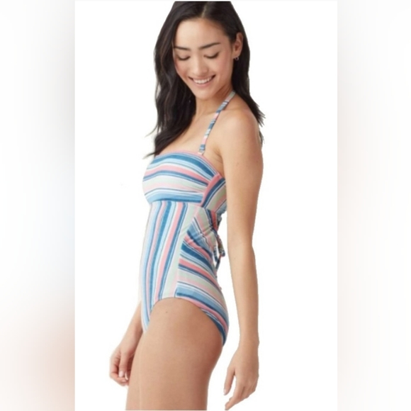 Splendid~Pink & Blue Striped Strapless Criss Cross Tie Back One Piece Swimsuit - Picture 11 of 16